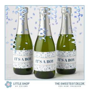 Blue Floral It’s a Boy Baby Shower Sparkling Wine Label