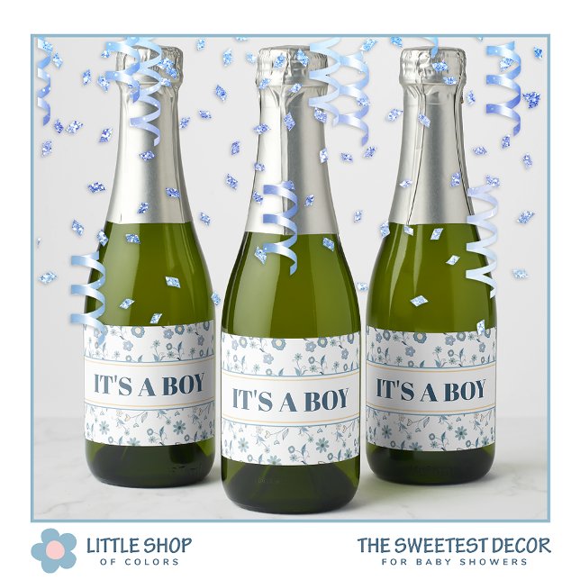 Blue Floral It’s a Boy Baby Shower Sparkling Wine Label (Creator Uploaded)