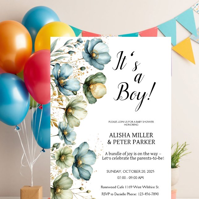 Blue Floral It's a Boy Baby Shower Invitation (Creator Uploaded)