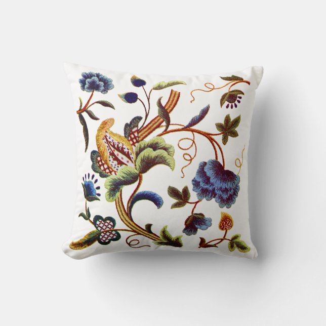 Blue Floral Jacobean Faux Embroidery Pillow (Front)