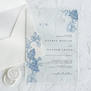 Blue Floral Lace Clear Wedding  Acrylic Invitations