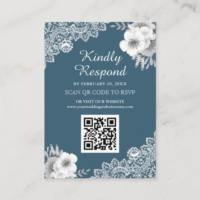 Blue Floral Lace QR Code RSVP Wedding Website Enclosure Card (Front)