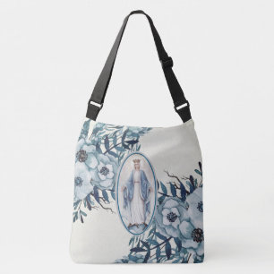 Blue Floral Lady of Grace Virgin Mary Lace Crossbody Bag