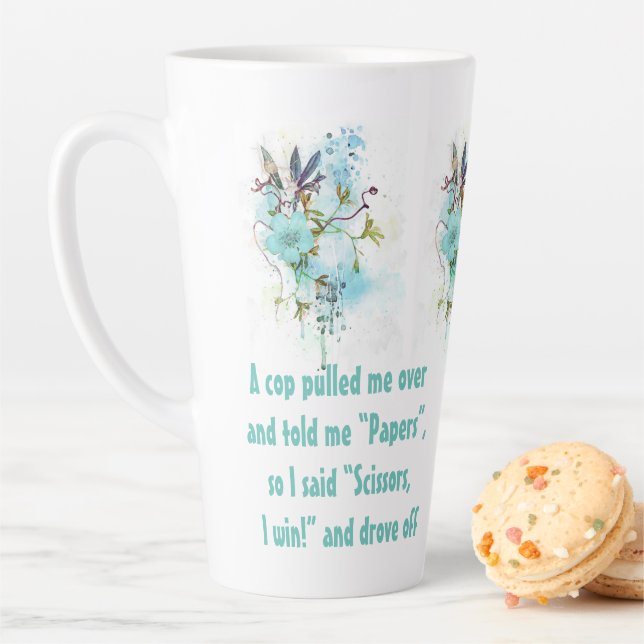 Blue Floral Latte Cup: "Scissors!" Humour Latte Cu Latte Mug (In Situ)