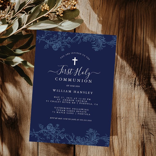 Blue Floral Leaf Boys First Communion  Invitation (Creator Uploaded)