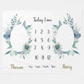 Blue floral leaves arrangement Twins Milestone  Fleece Blanket