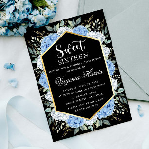 Blue Floral Leaves Black Sweet Sixteen 16 Birthday Invitation
