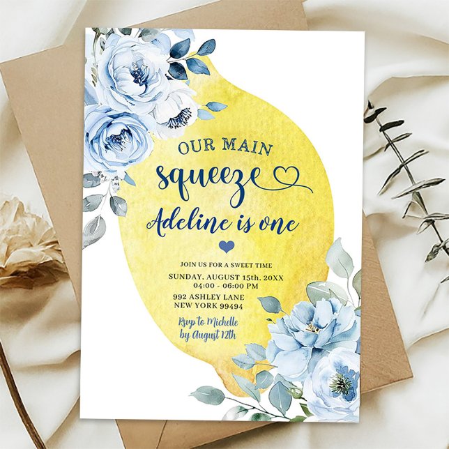 Blue Floral Lemon First Birthday Invitation (Creator Uploaded)