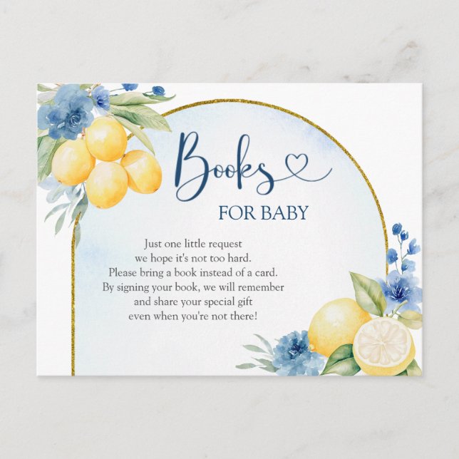 Blue Floral Lemon Main Squeeze Books for Baby Invitation Postcard (Front)