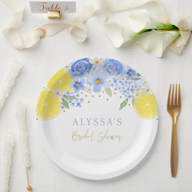 Blue Floral Lemon Main Squeeze Bridal Shower Paper Plate (Wedding)