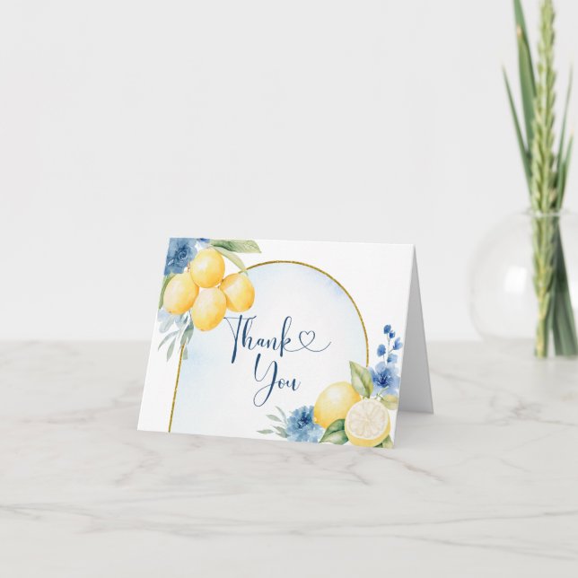 Blue floral Lemon Main Squeeze Bridal shower Thank You Card (Front)