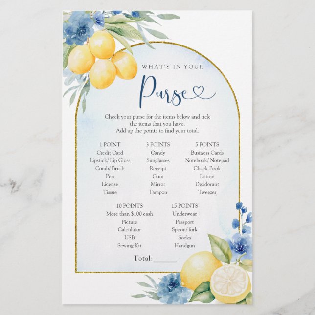 Blue Floral Lemon Main Squeeze What in Your Purse (Front)