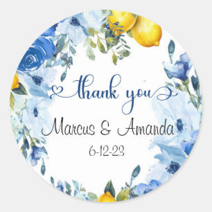 Blue Floral Lemon Round Sticker
