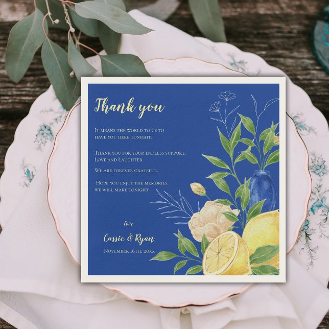 Blue Floral Lemon Wedding Party Thank You Message Napkin (Blue Floral Lemon Wedding Party Thank You Message Napkins)