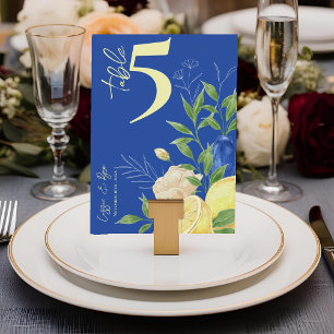 Blue Floral Lemon Wedding Table Number Card