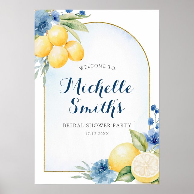 Blue floral Lemonade Bridal shower Welcome Sign (Front)