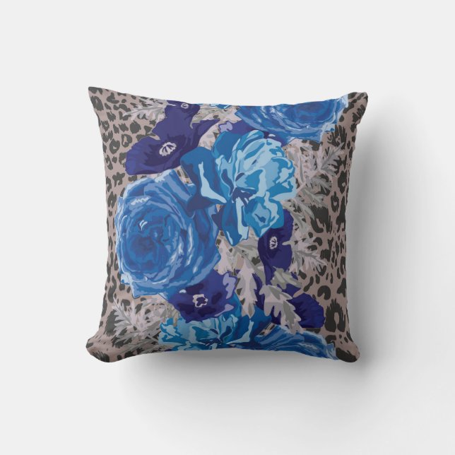 Blue Floral Leopard Print Decorative Pillow (Front)