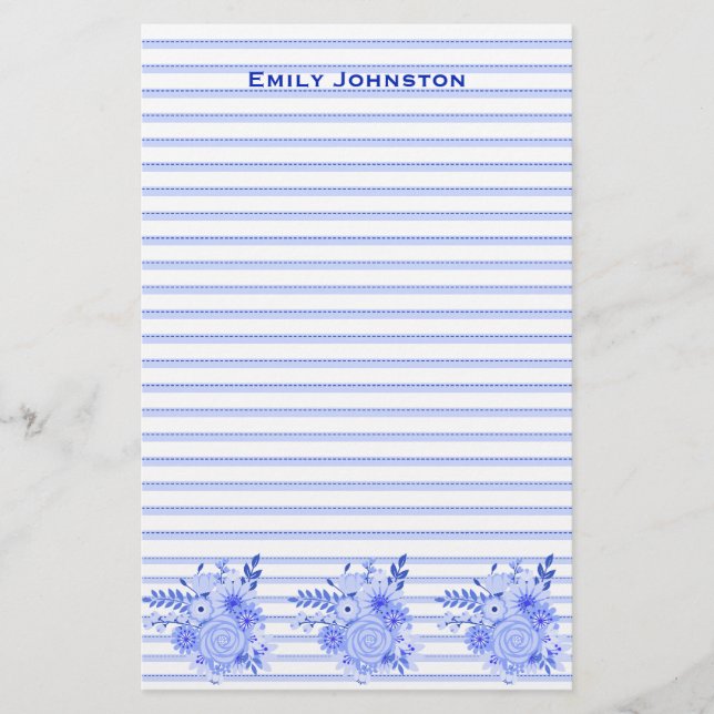 Blue Floral Lined Custom Stationery (Front)