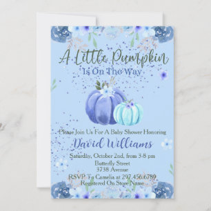 Blue Floral Little Pumpkin Baby Shower Invitation