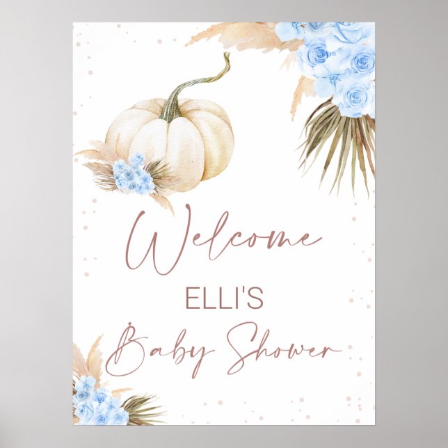 Blue Floral Little Pumpkin Baby Shower Welcome Poster (Front)