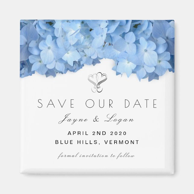 Blue Floral Little Save Our Date Square Magnet (Front)
