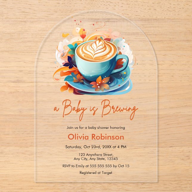 Blue Floral Love is Brewing Coffee Baby Shower  Acrylic Invitations (Front)