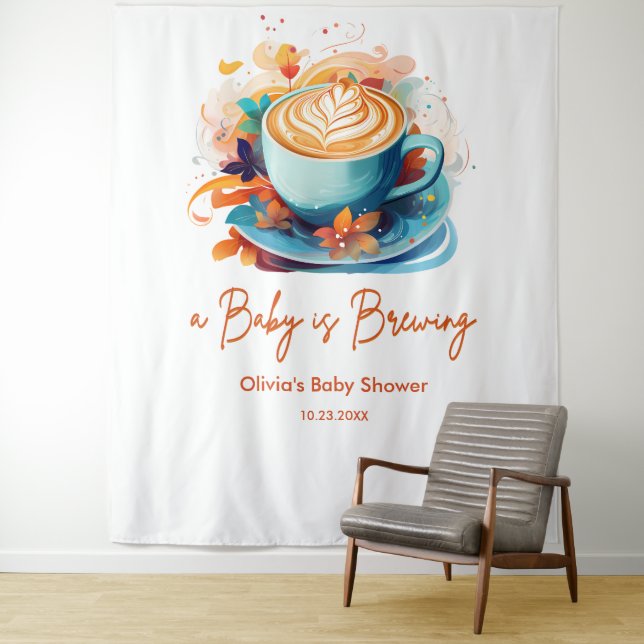 Blue Floral Love is Brewing Coffee Baby Shower  Tapestry (In Situ)