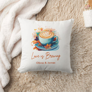 Blue Floral Love is Brewing Coffee Bridal Shower Cushion