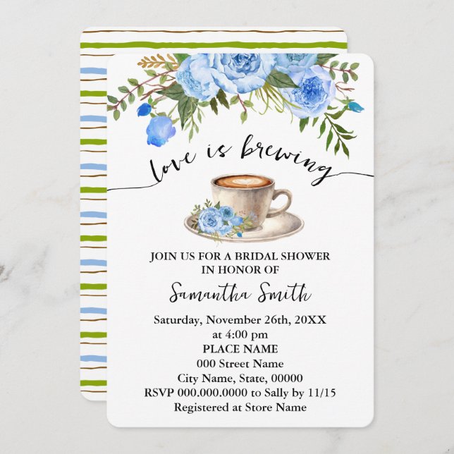 Blue Floral Love is Brewing Coffee Bridal Shower Invitation (Front/Back)