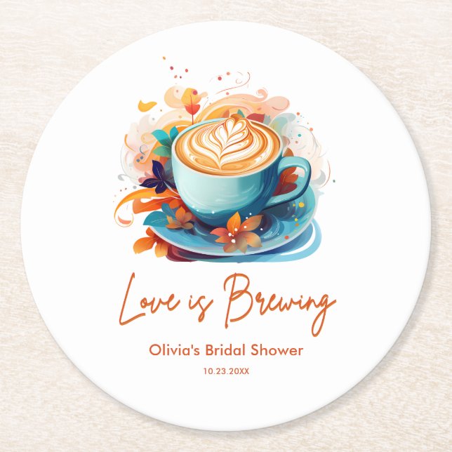 Blue Floral Love is Brewing Coffee Bridal Shower  Round Paper Coaster (Front)