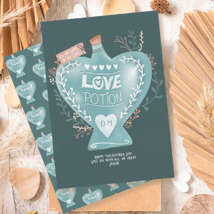 Blue floral love potion bottle Valentine day dark Holiday Card