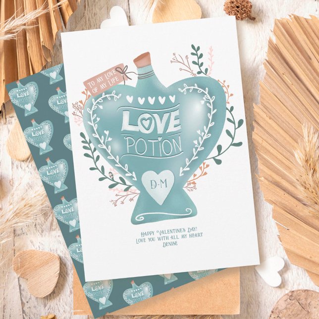 Blue floral love potion bottle Valentine day  Holiday Card (Creator Uploaded)