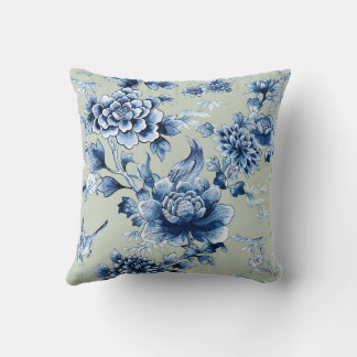 Blue Floral Luxury on Sage Throw Pillow