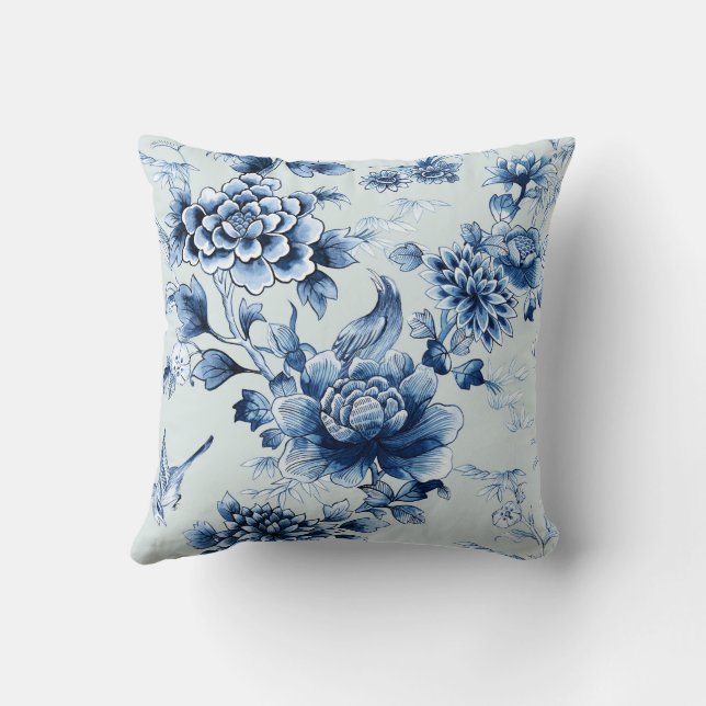 Blue Floral Luxury Print on Sage Throw Pillow (Back)