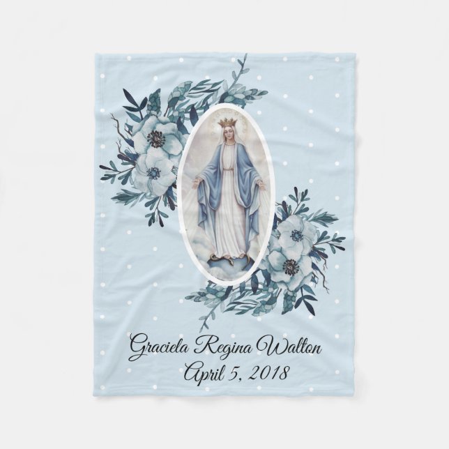Blue Floral |Madonna | Virgin Mary | White Dots Fleece Blanket (Front)