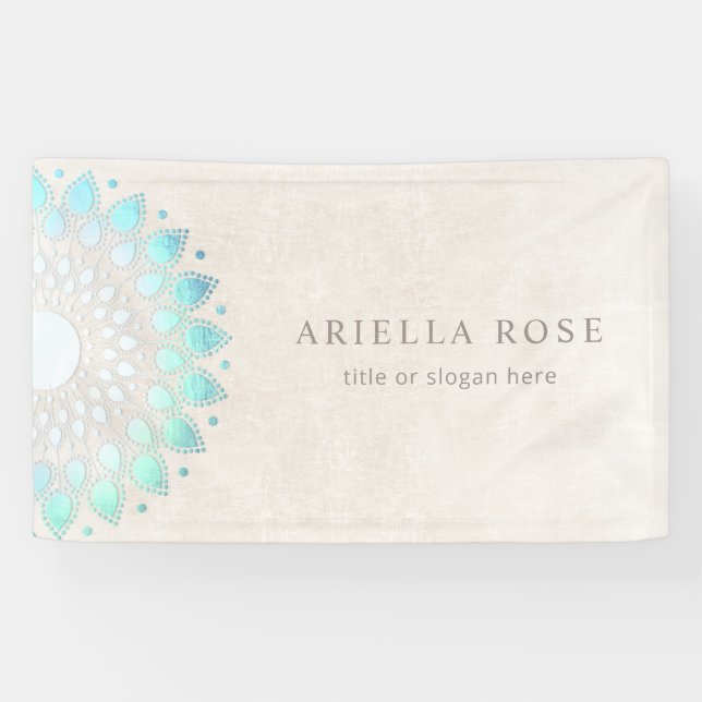 Blue Floral Mandala Lotus White Marble Business Ca Banner (Horizontal)