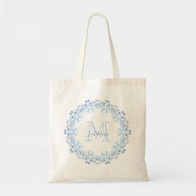Blue Floral Mandala Monogram Personalised Stylish Tote Bag (Front)