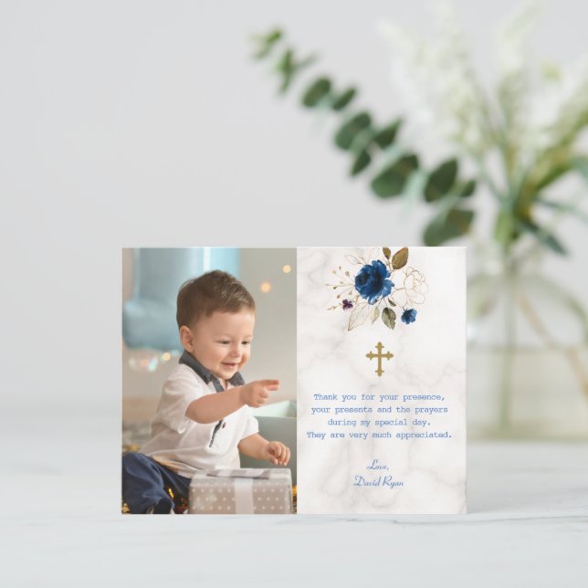 Blue Floral Marble Photo Boy Gold Cross Baptism  Thank You Card (Standing Front)