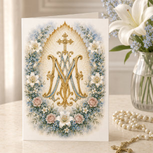 Blue Floral Marian Monogram Catholic Scripture Card