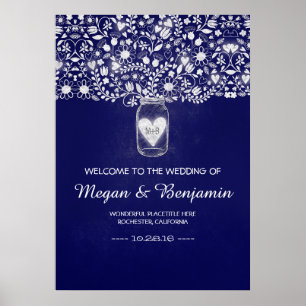 Blue Floral Mason Jar Wedding Welcome Sign