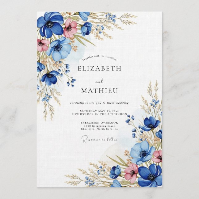 Blue Floral Meadow Wedding Invitation (Front)