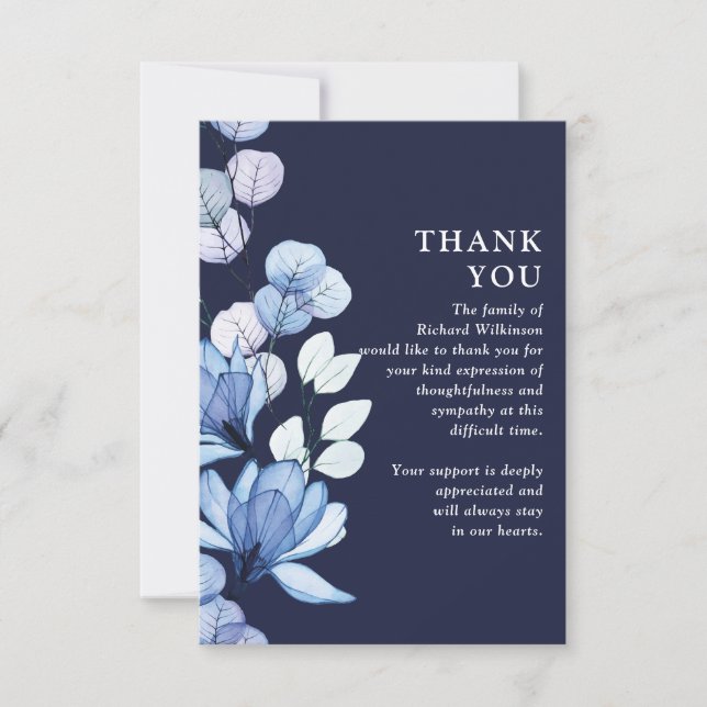 Blue Floral Memorial Celebration Of Life Funeral Thank You Card (Front)
