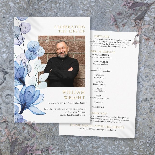 Blue Floral Memorial Funeral Order Of Service Program (Blue Floral Memorial Funeral Order Of Service Program)