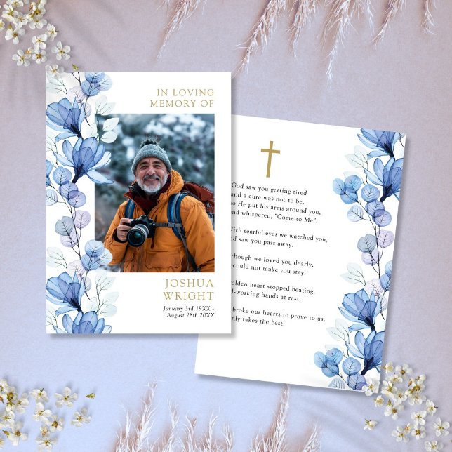 Blue Floral Memorial Funeral Prayer Photo Card (Blue Floral Memorial Funeral Prayer Photo Card)