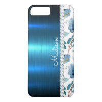 Blue Floral Metallic Glitter Classy Pretty Heart