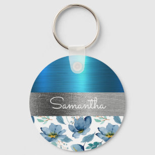 Blue Floral Metallic Glitter Classy Pretty Heart Key Ring