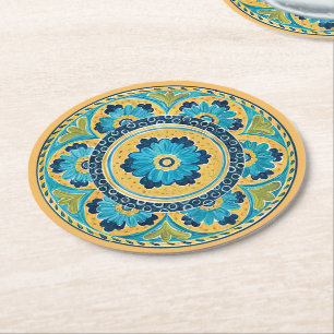 Blue Floral Mexican Tile Round Paper Coaster