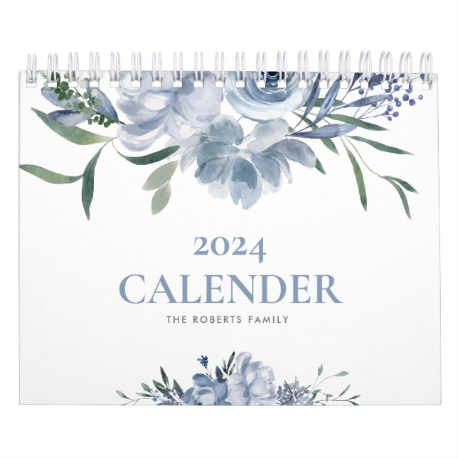 blue floral modern custom photo 2024 calender calendar (Cover)