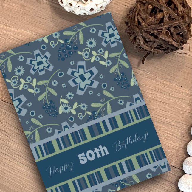 Blue Floral Modern Customised Age Birthday Card (Creator Uploaded)