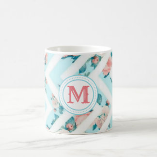 Blue Floral Monogram Chevron Pattern Classic Mug